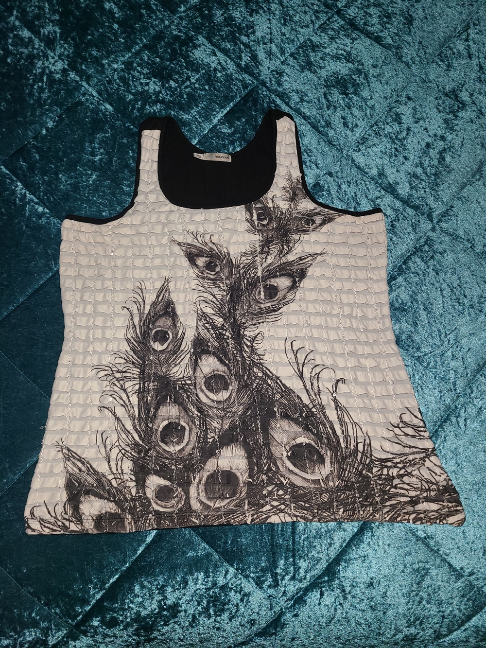 Maurices White Tank Top with Black Peacock Feather Design
